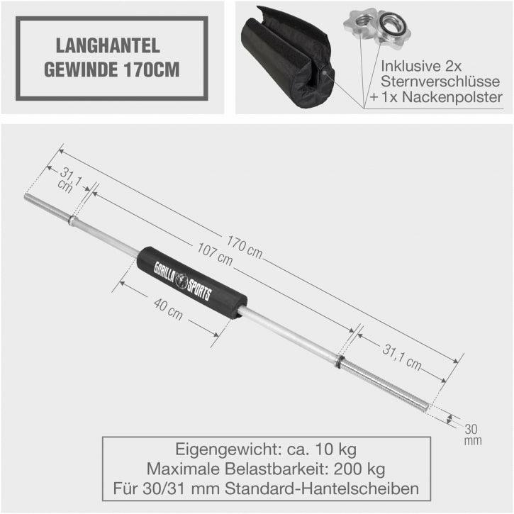 170cm Langhantel Gewinde inkl. Nackenpolster - Gorilla Sports DE