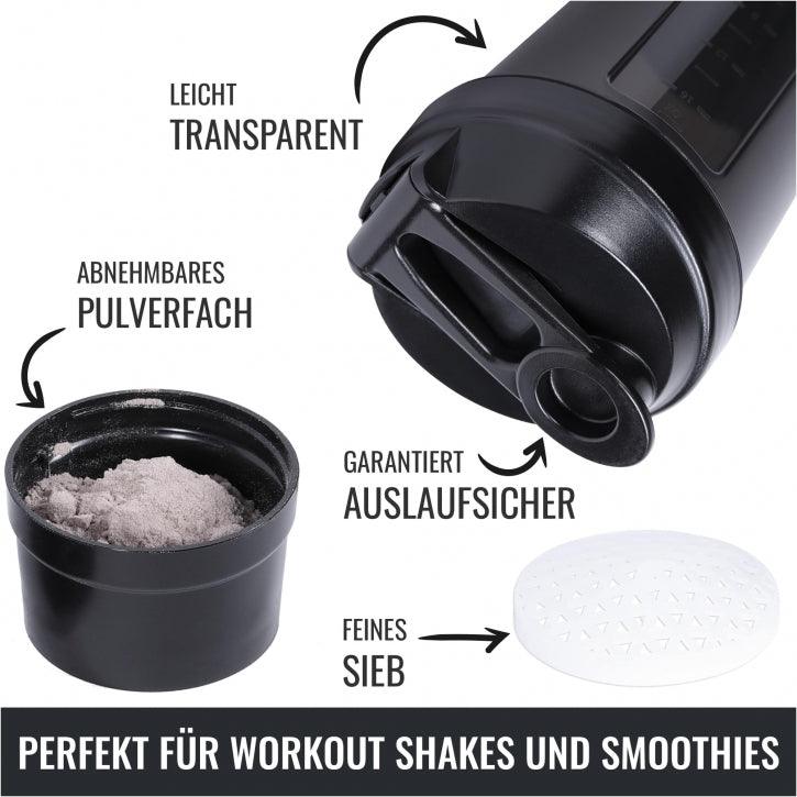Protein Shaker 500 ml mit Pulverfach schwarz - Gorilla Sports DE