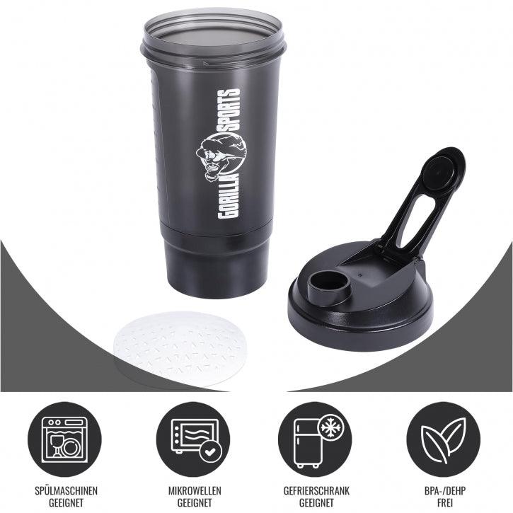 Protein Shaker 500 ml mit Pulverfach schwarz - Gorilla Sports DE