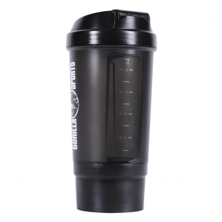 Protein Shaker 500 ml mit Pulverfach schwarz - Gorilla Sports DE