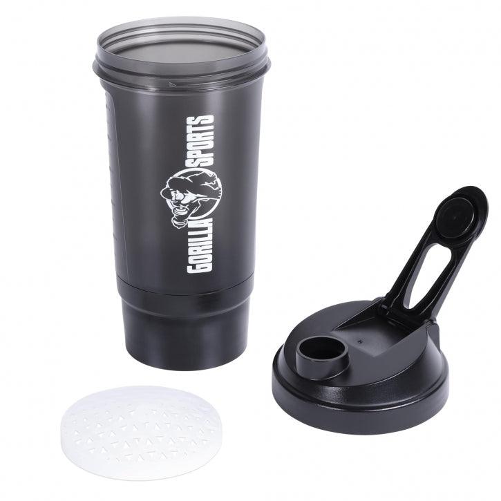 Protein Shaker 500 ml mit Pulverfach schwarz - Gorilla Sports DE
