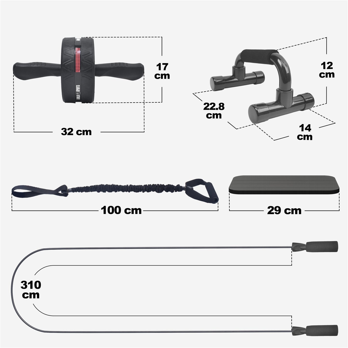 Ab Roller Set inkl. Kniematten, Springseil und Liegestützgriffe - Gorilla Sports DE