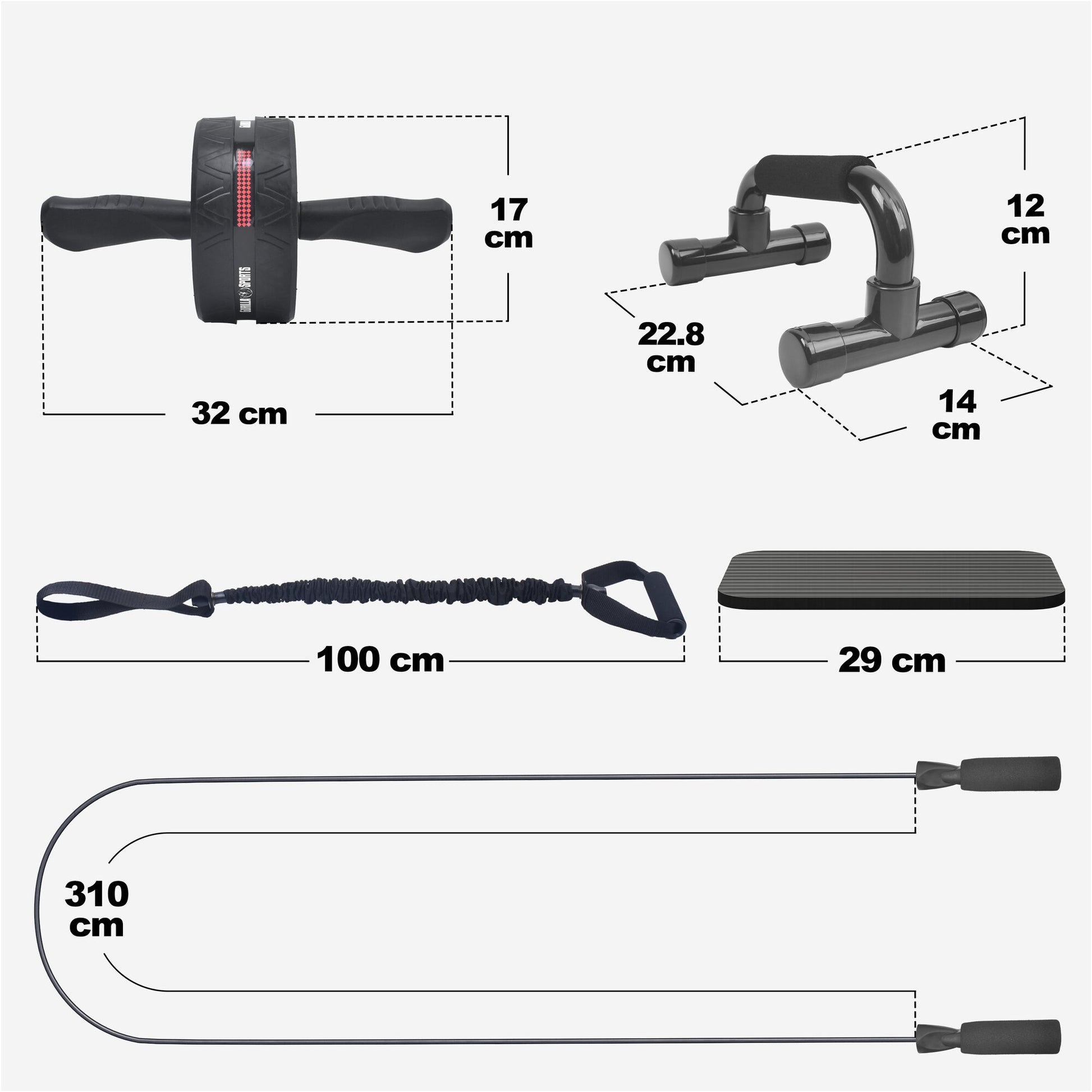 Ab Roller Set inkl. Kniematten, Springseil und Liegestützgriffe - Gorilla Sports DE