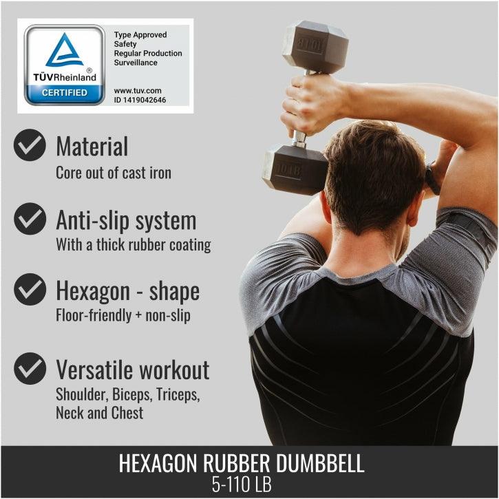 Hexagon Kurzhantel Gummi - 5-60 Pfund (2,3-27,2 kg) - Gorilla Sports DE